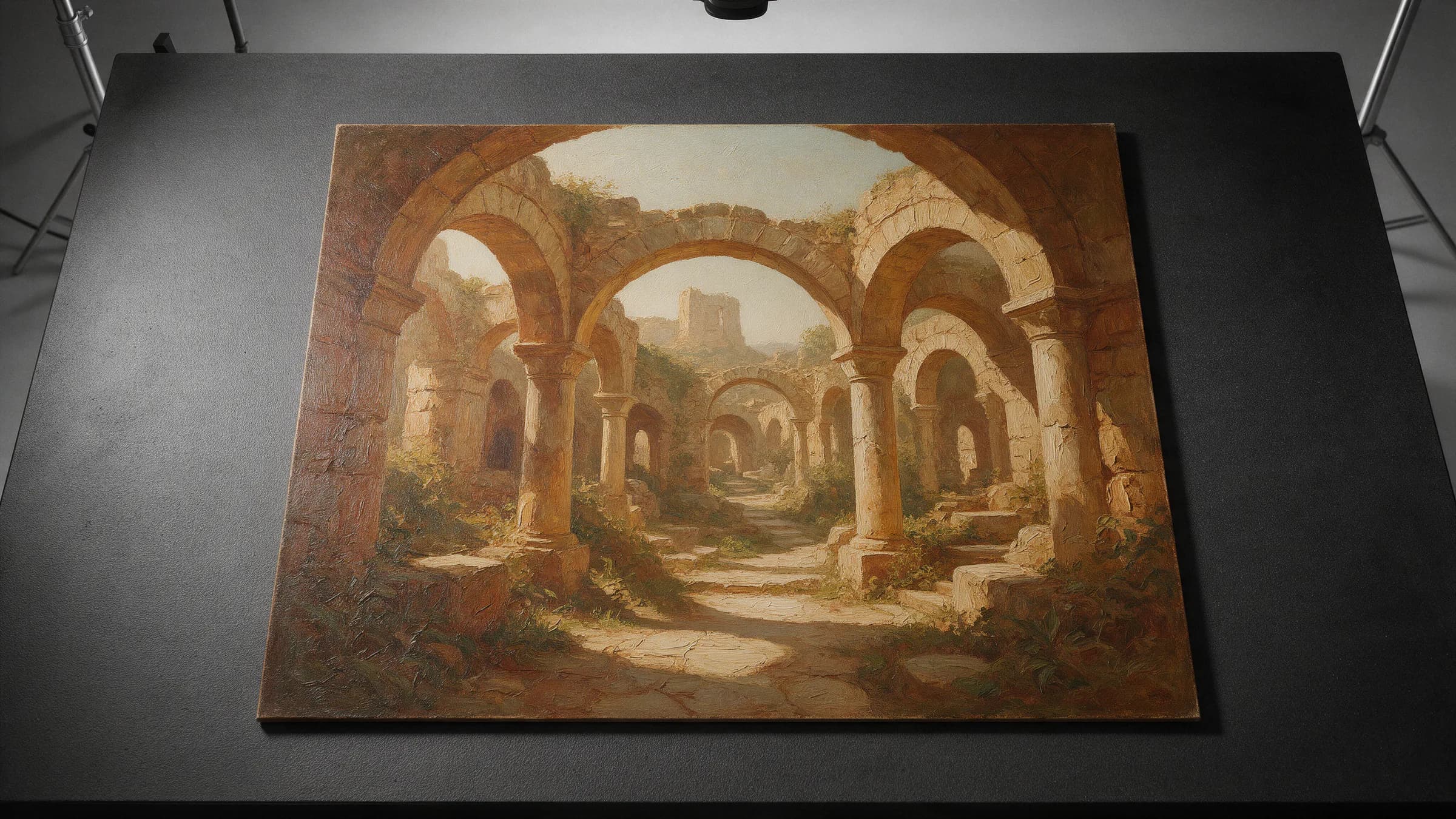 A painting of arches positioned for photographic art reproduction in Dexter's studio