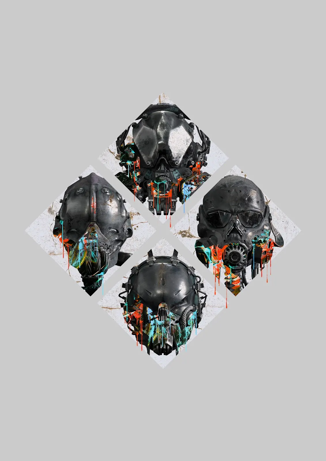 GTFO artwork with four painted helmets on a light grey background