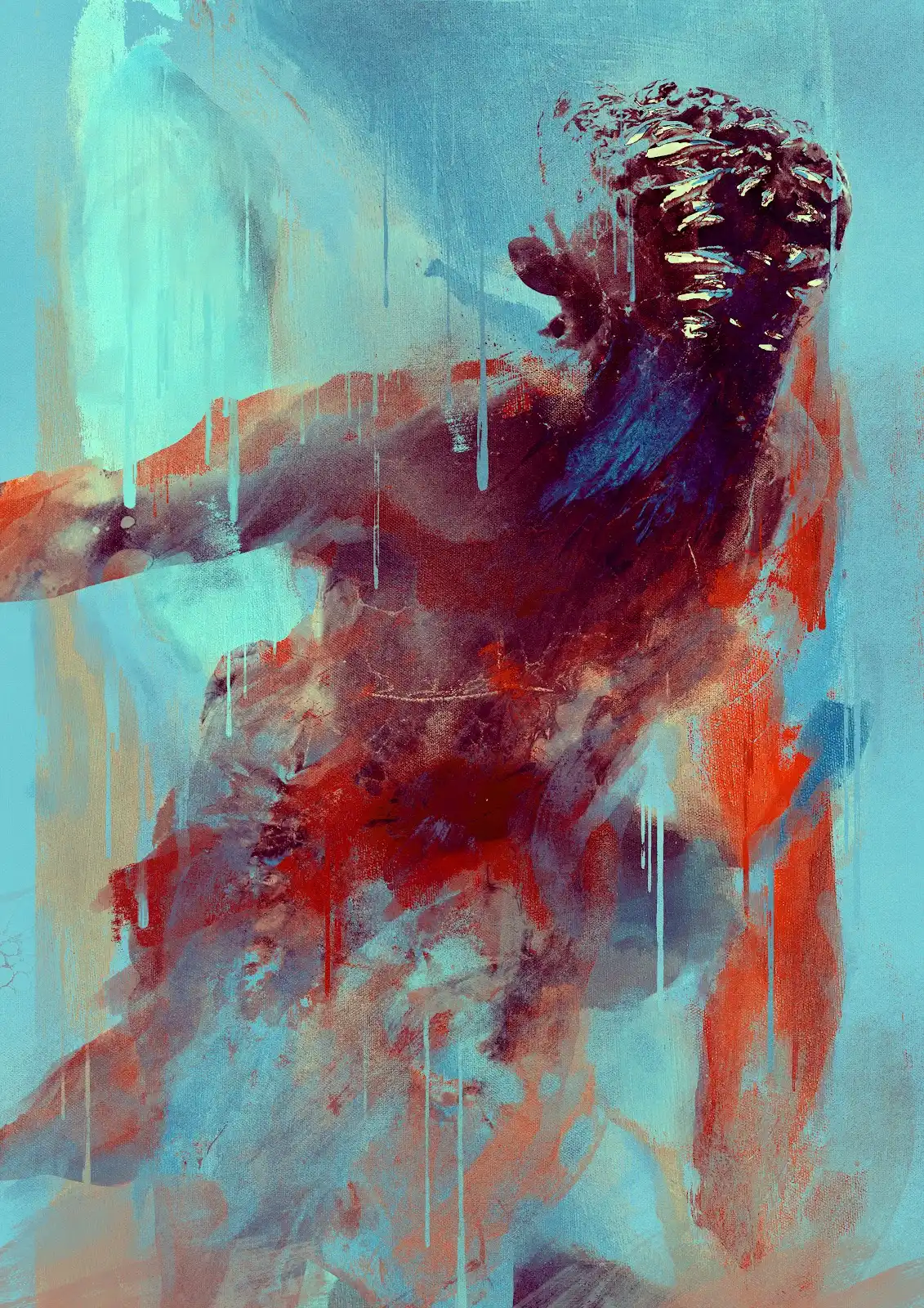 GTFO artwork with an abstract figure in turquoise and red