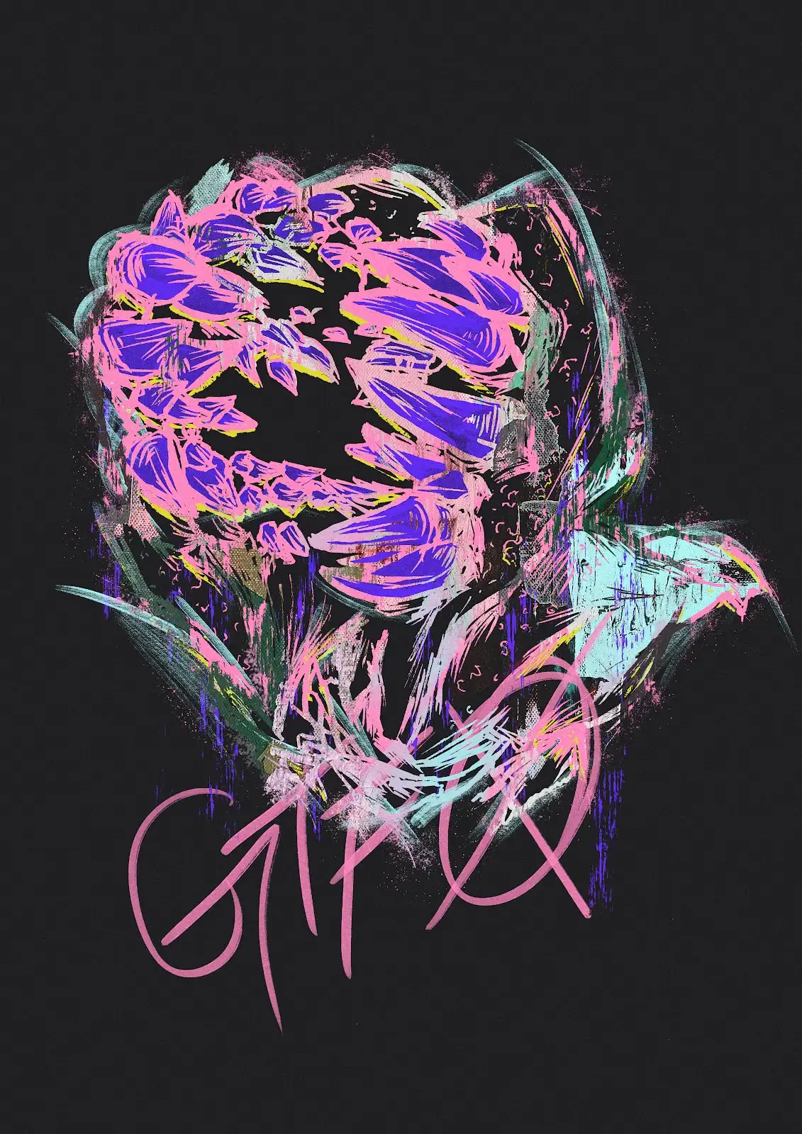 GTFO artwork with a colourful sketched portrait on a black background